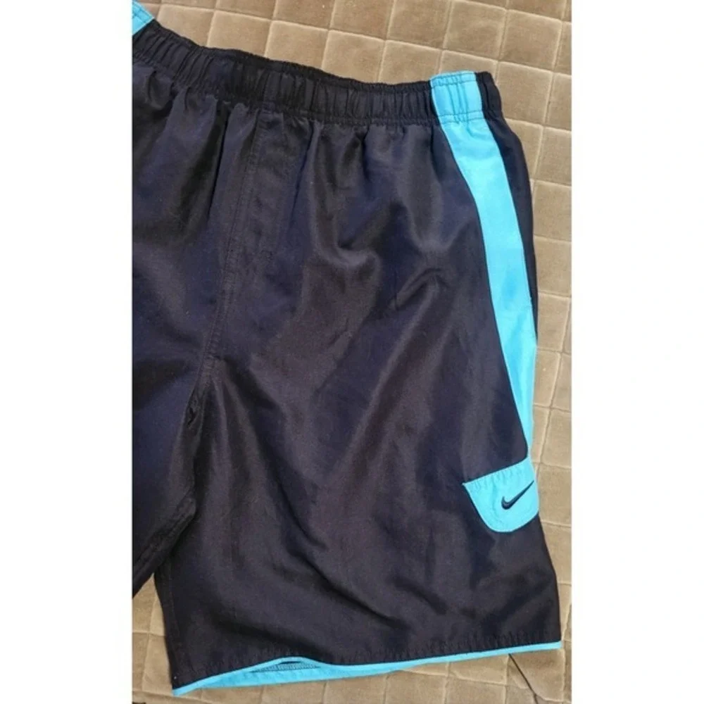 Nike Lined Swim Trunks Shorts Black Blue Elastic Drawstring Men's Size Large